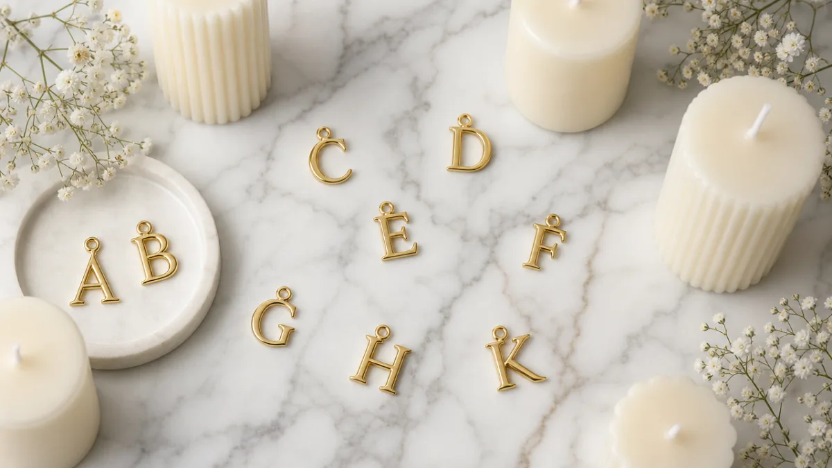 a flat lay arrangement of gold letter charms and pillar candles on…
