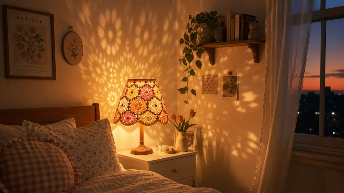 a cozy bedroom corner with a glowing crochet flower lampshade casting warm…