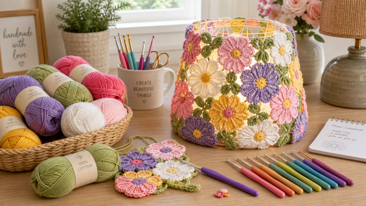 a well-lit crafting table with colorful cotton yarn skeins, crochet hooks, and…