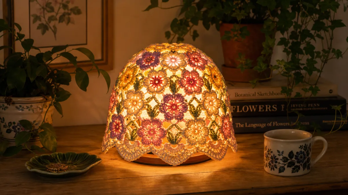 a finished crochet flower lampshade glowing warmly on a wooden table surrounded…