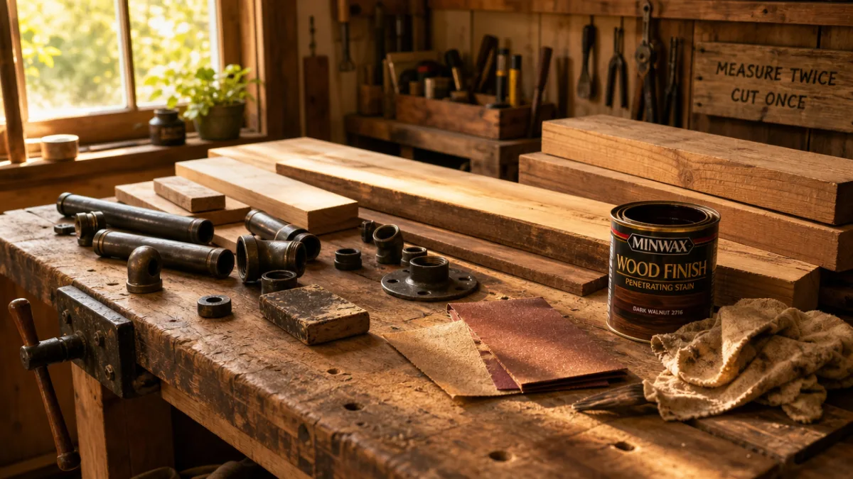 a rustic wooden workshop bench covered with lumber, pipe fittings, sandpaper, and…