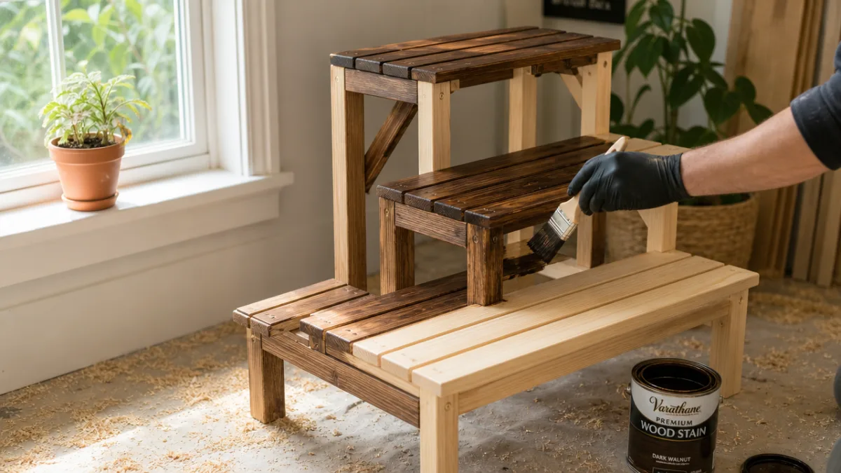a freshly assembled wooden tiered plant stand being stained with dark walnut…