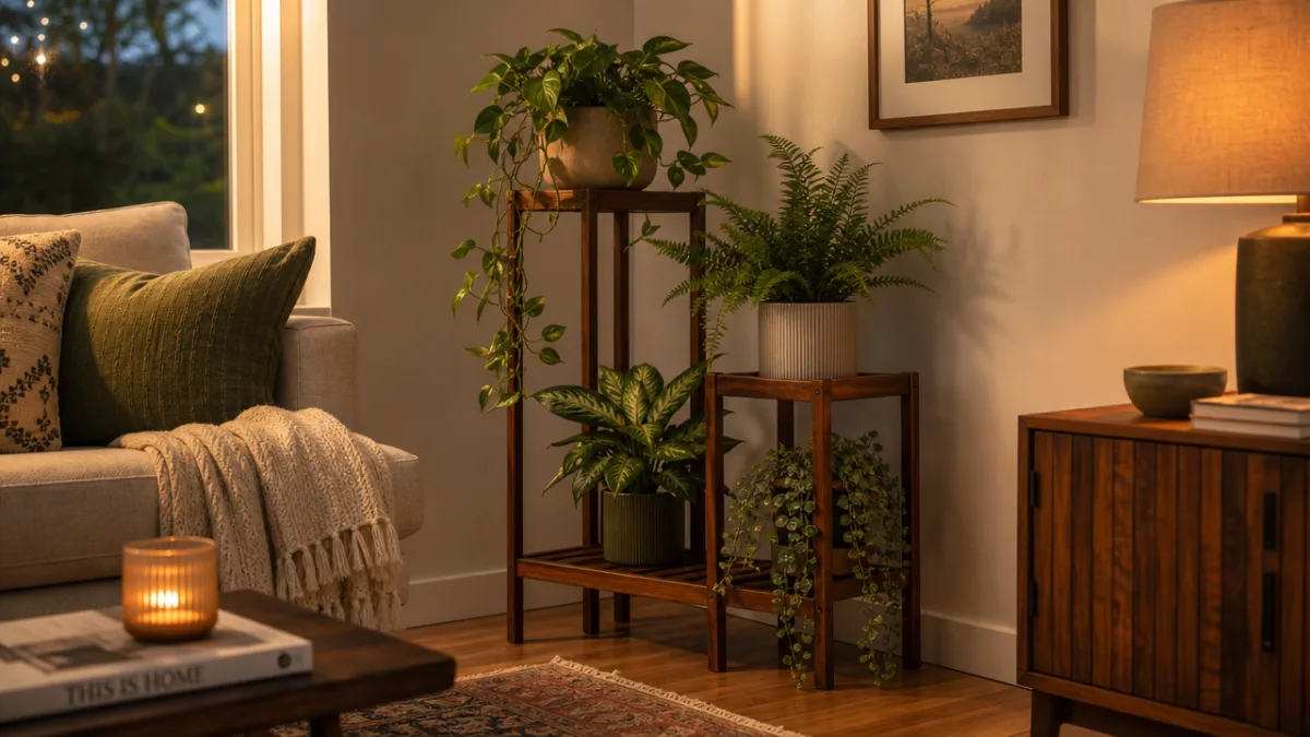 a beautifully styled living room corner with a finished wooden plant stand…