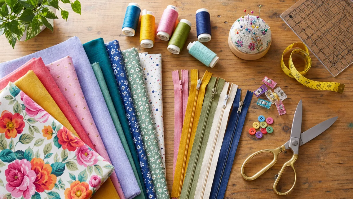 a flat lay of colorful sewing fabrics, zippers, thread spools and scissors…