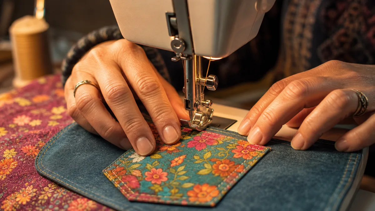 a close-up of hands carefully sewing colorful fabric pocket pieces on a…