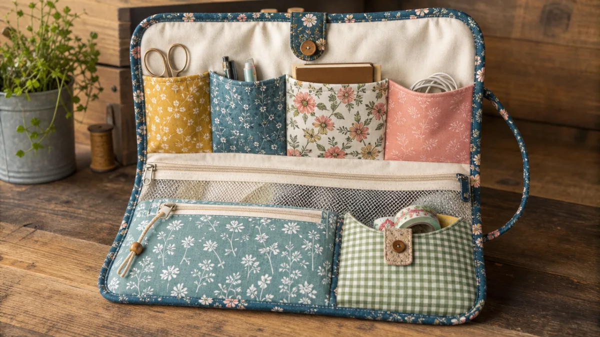 a finished handmade fabric organizer bag with colorful pockets displayed open on…