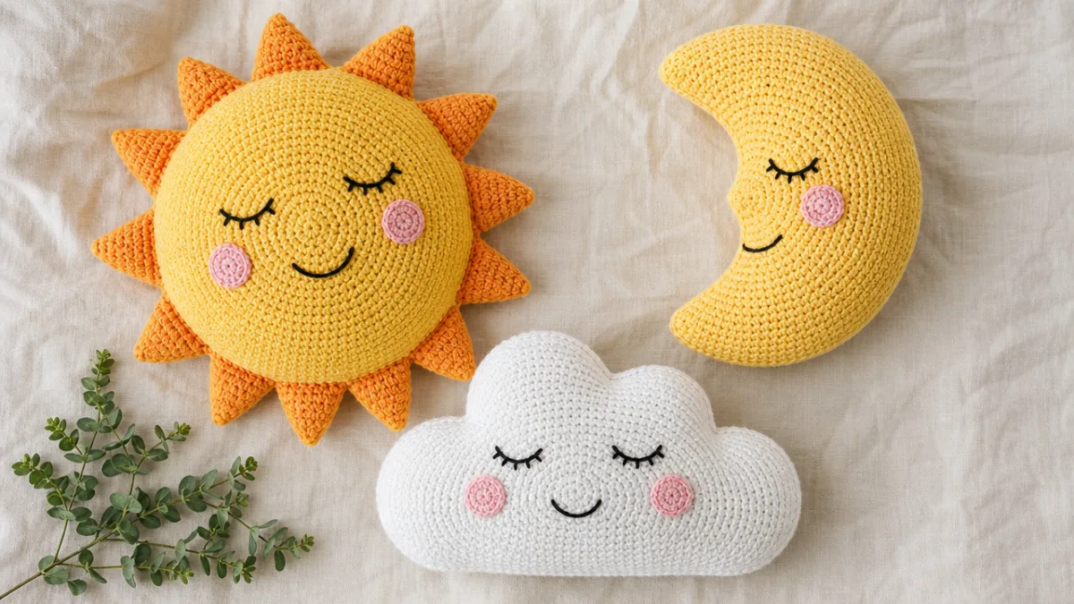 a flat lay of colorful handmade crochet pillows shaped like sun, moon…