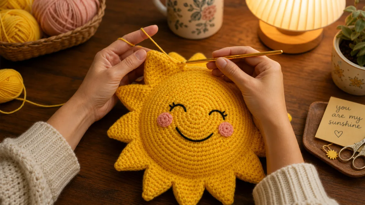 a close-up of skilled hands crocheting a bright yellow sun-shaped pillow at…