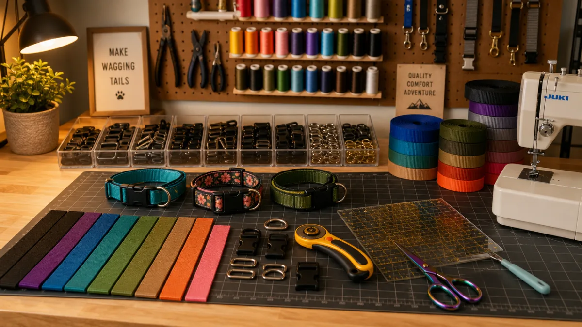 a neatly organized craft table with colorful dog collar materials, sewing tools,…