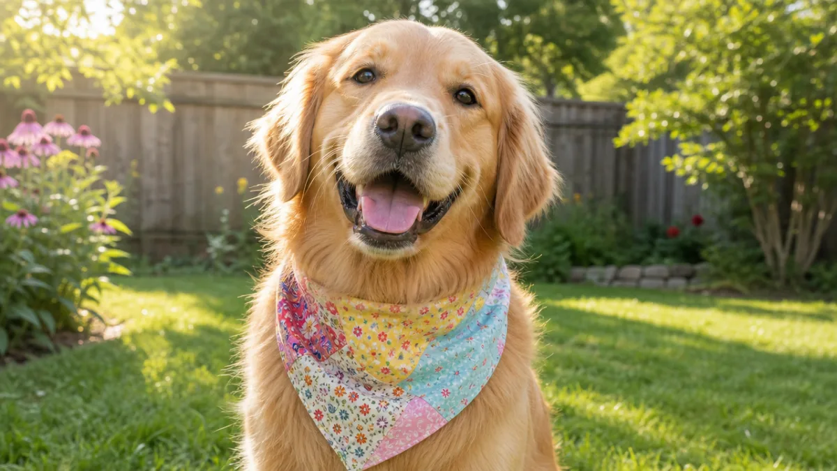 a happy golden retriever wearing a colorful handmade bandana in a sunny…