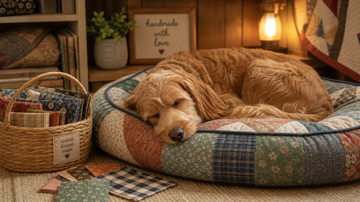 a cozy dog sleeping on a handmade quilted dog bed beside a…