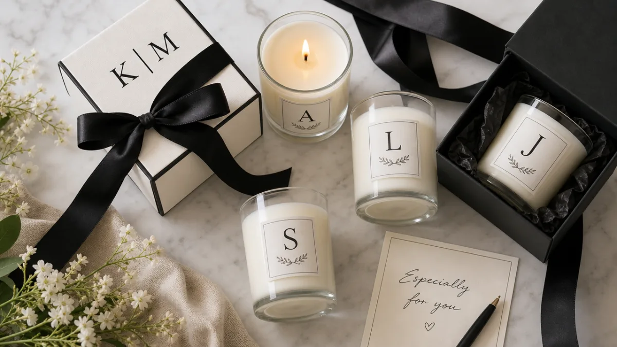 a flat lay arrangement of personalized monogram candles with ribbon and gift…