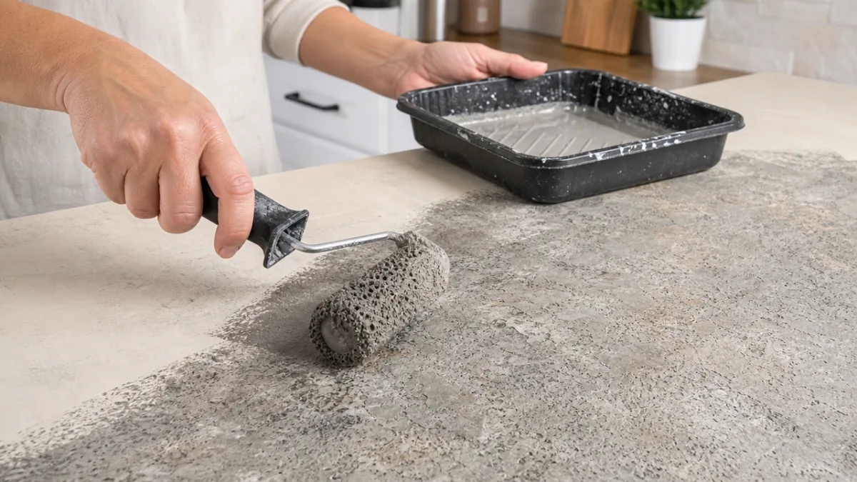 a close-up of hands applying a stone-texture paint finish to a kitchen…