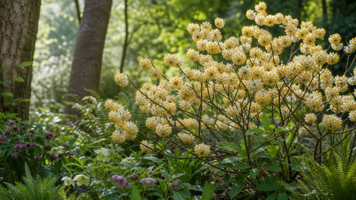 a lush garden bed featuring Edgeworthia chrysantha shrub in dappled woodland light,…