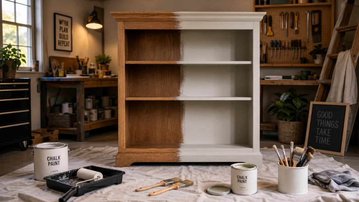 a well-lit wooden bookcase mid-transformation with paint supplies arranged neatly on a…