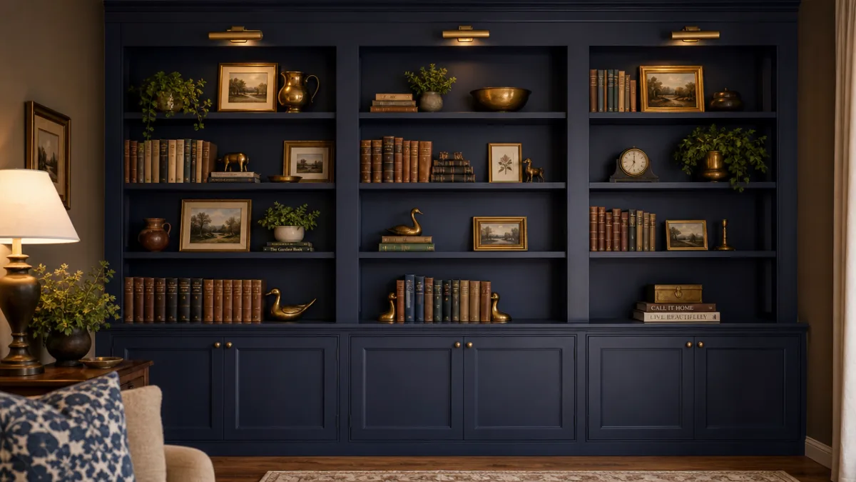 a finished hand painted bookcase in deep navy blue styled with books…