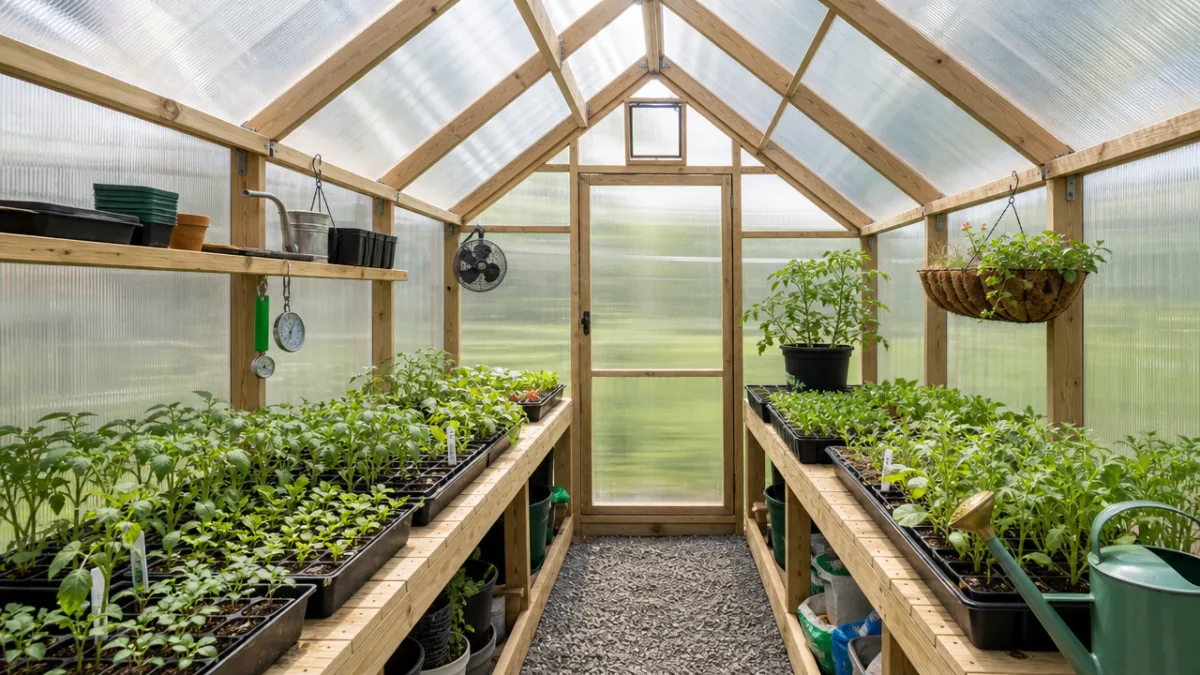 interior of a newly glazed DIY greenhouse with green seedlings on benches,…