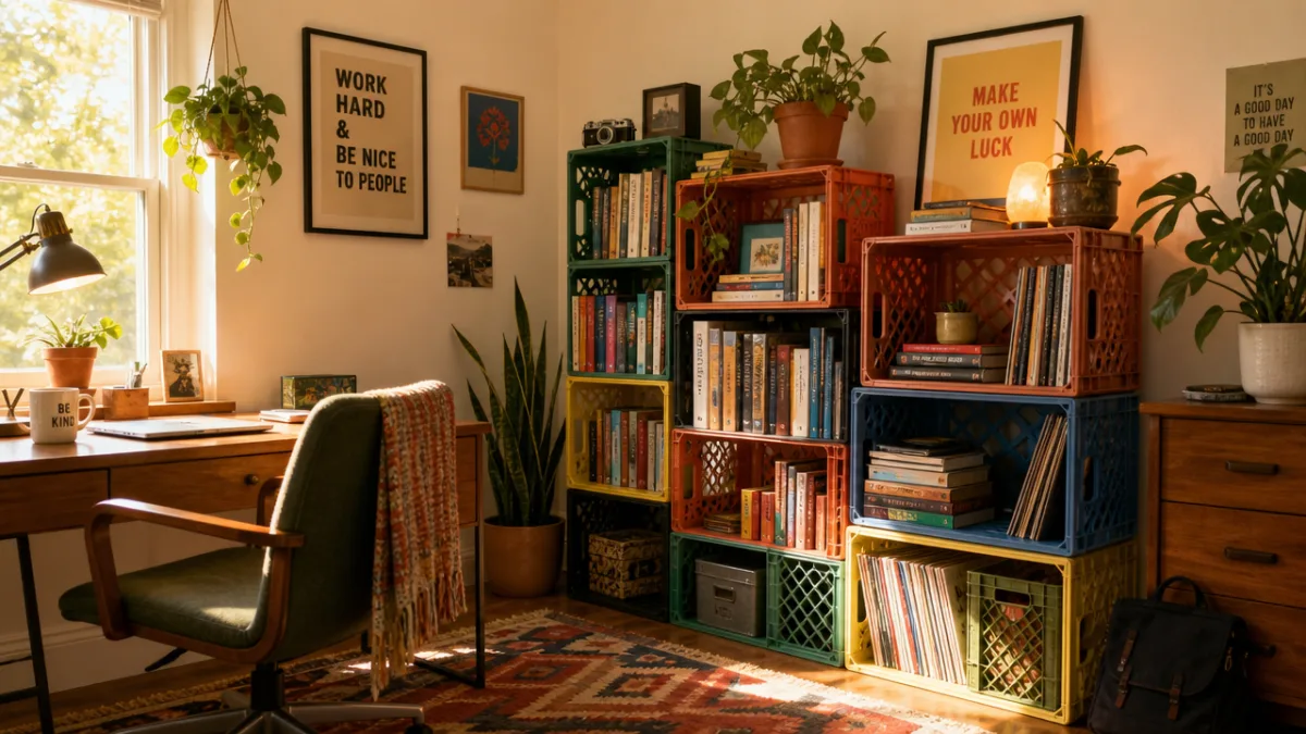 a cozy home office with colorful milk crate shelving units against a…