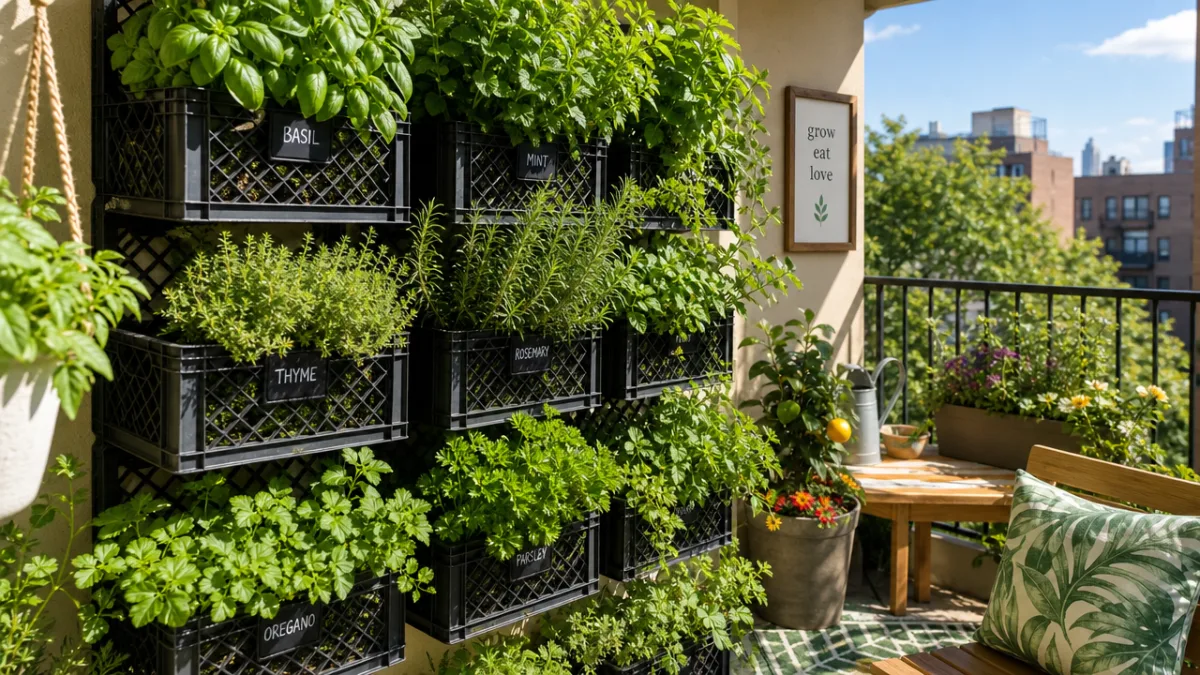 a sunny balcony garden with vertical milk crate planters overflowing with green…