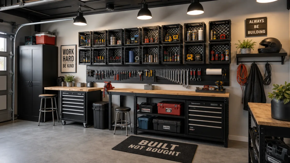 an organized garage workshop with wall-mounted milk crates holding tools, industrial overhead…