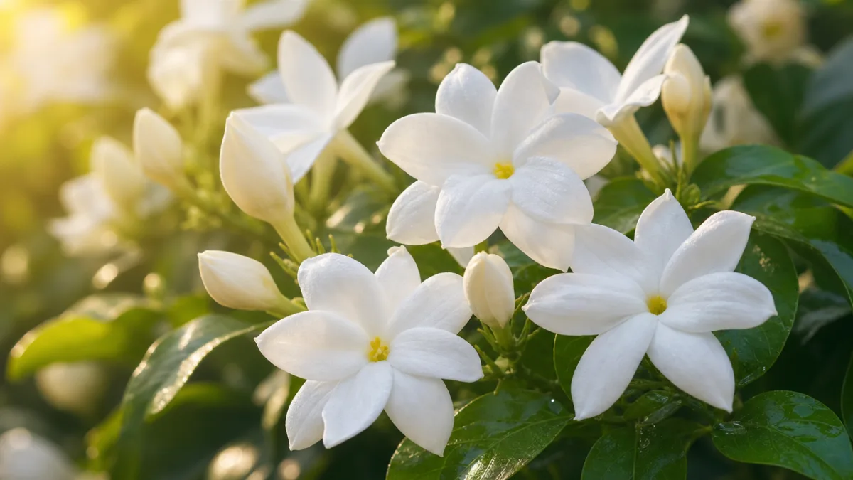 a close-up of white jasmine flowers in full bloom against green foliage,…