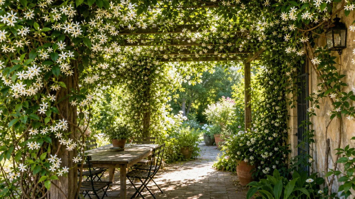 a jasmine-covered garden pergola with lush green growth and white flowers, dappled…