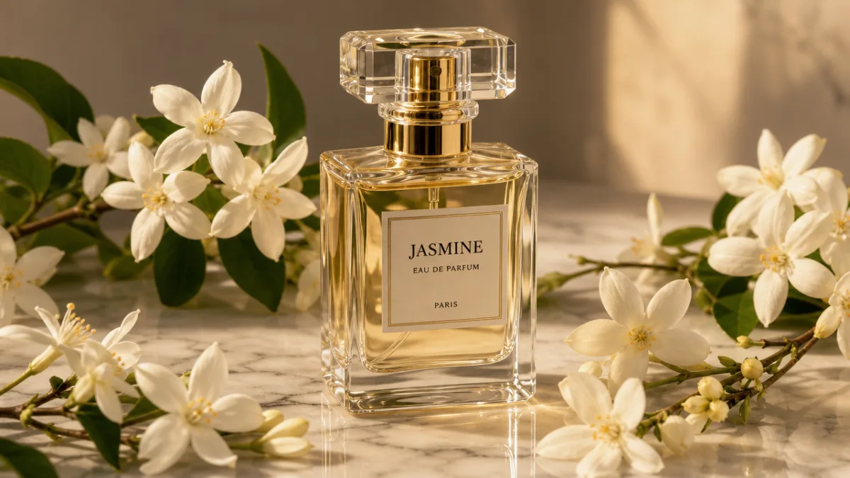 a glass perfume bottle surrounded by fresh jasmine blossoms on a marble…