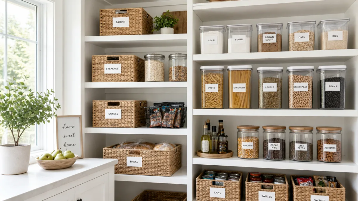 an organized pantry with labeled baskets and clear containers on white shelves,…