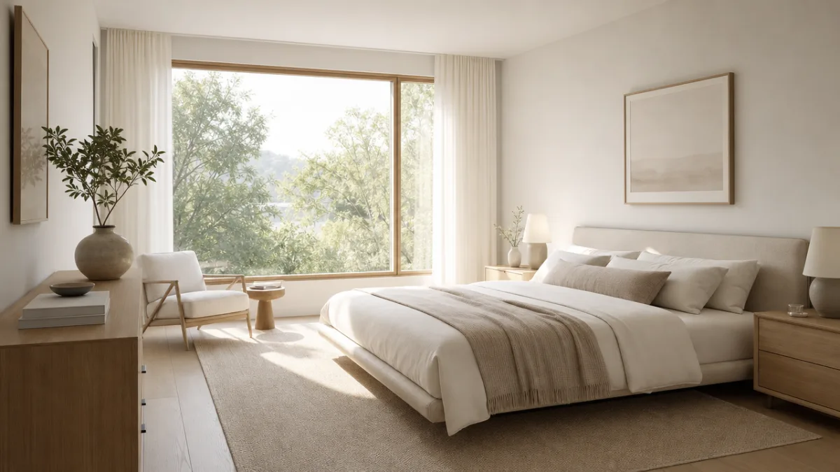 a serene, minimalist bedroom with clean surfaces and soft neutral tones, gentle…