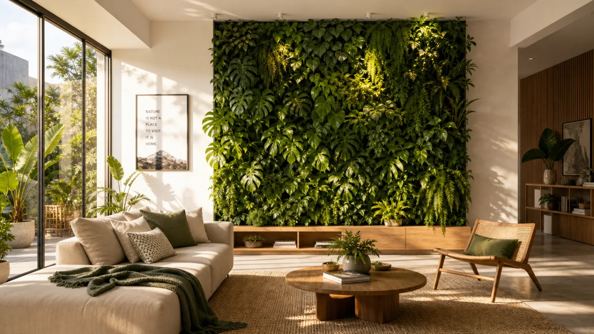 a sunlit modern living room featuring a lush vertical green wall with…