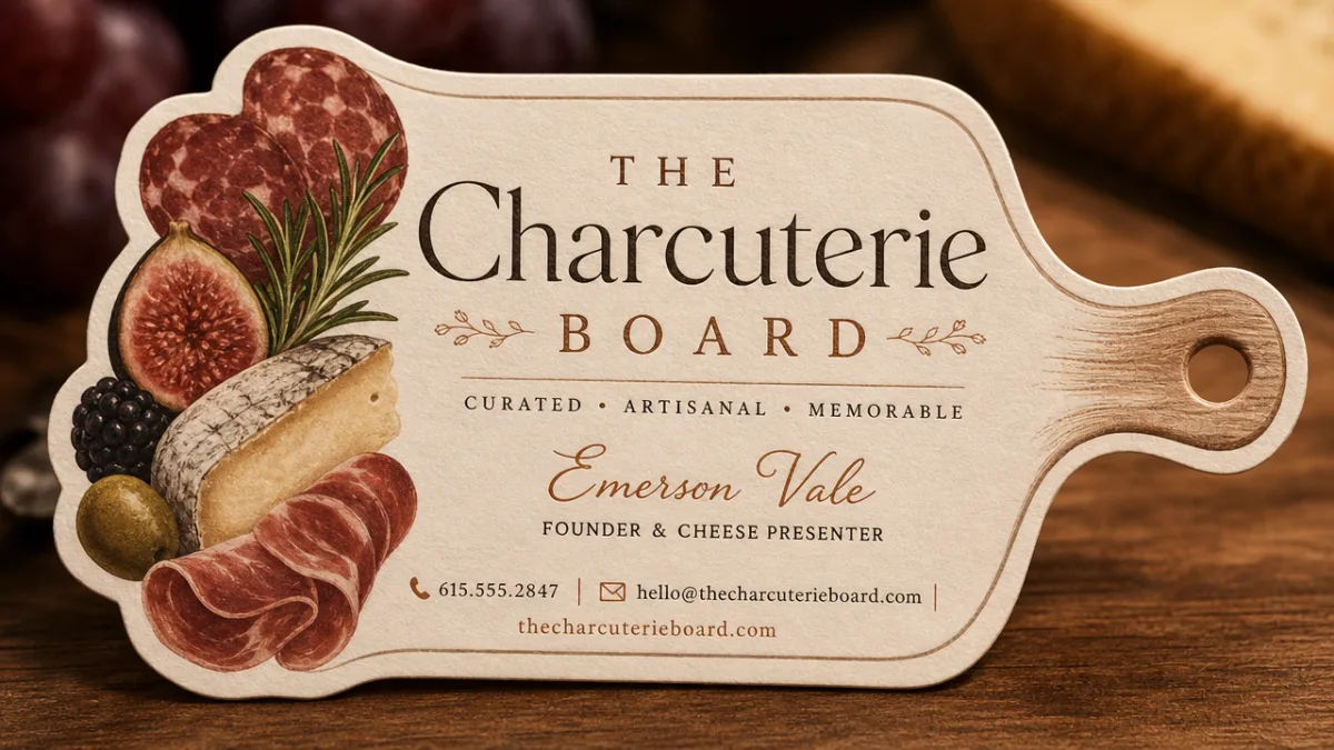 a close up of a charcuterie themed die cut business card with…