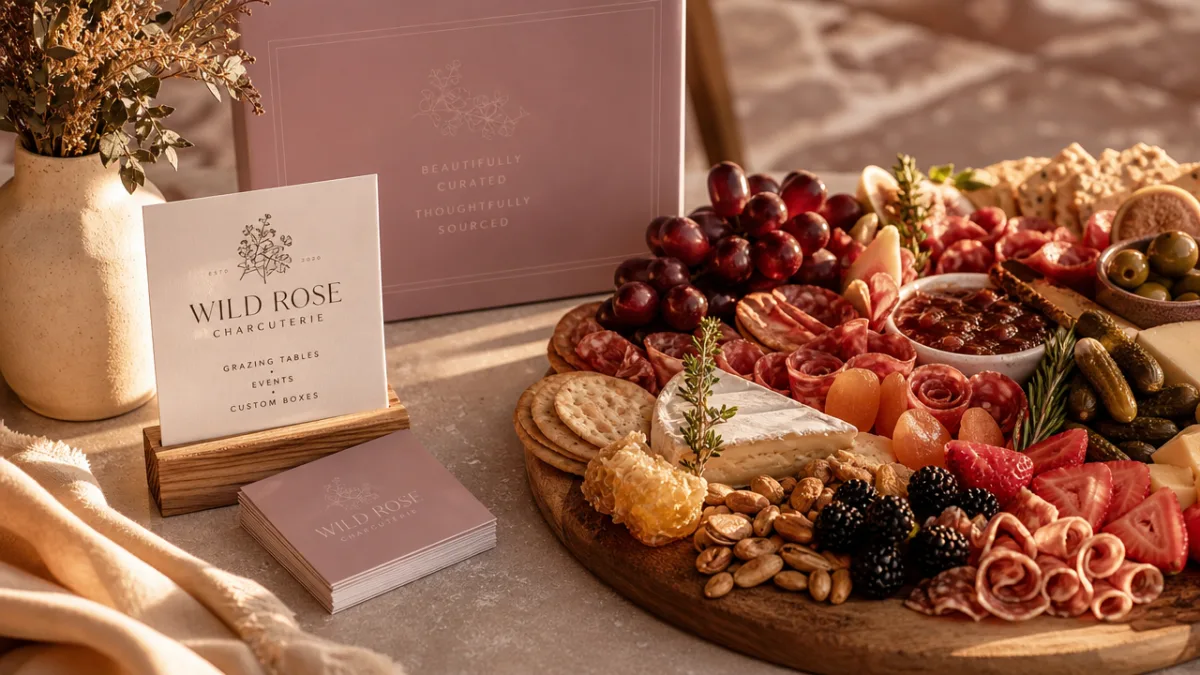 a styled charcuterie business setup with branded cards beside a beautiful grazing…