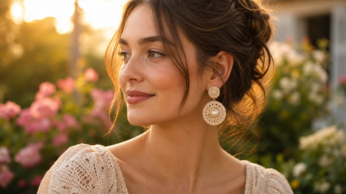 a woman wearing beige crochet pearl earrings against a soft blurred garden…