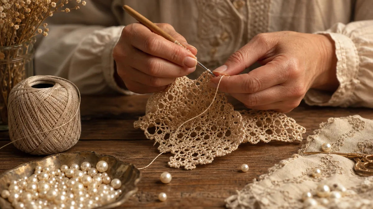 an artisan's hands crocheting delicate beige thread with pearls nearby on a…