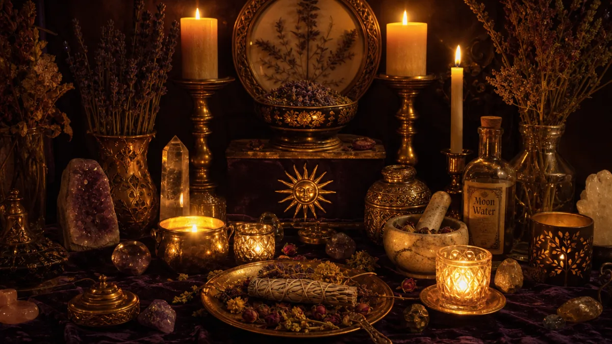 a glowing candlelit altar with golden candles, herbs, and crystals arranged on…