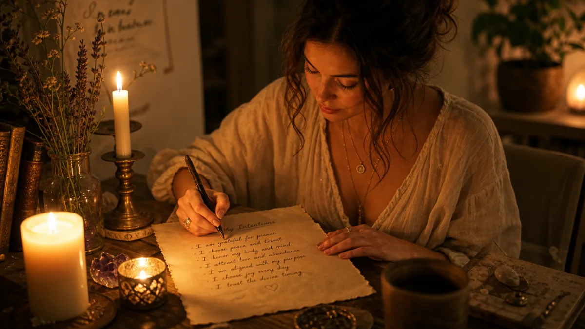 a woman writing intentions by candlelight on parchment paper, warm golden glow,…