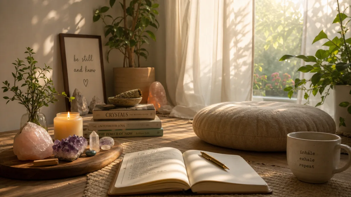 a serene meditation space with crystals, a journal, and morning sunlight streaming…