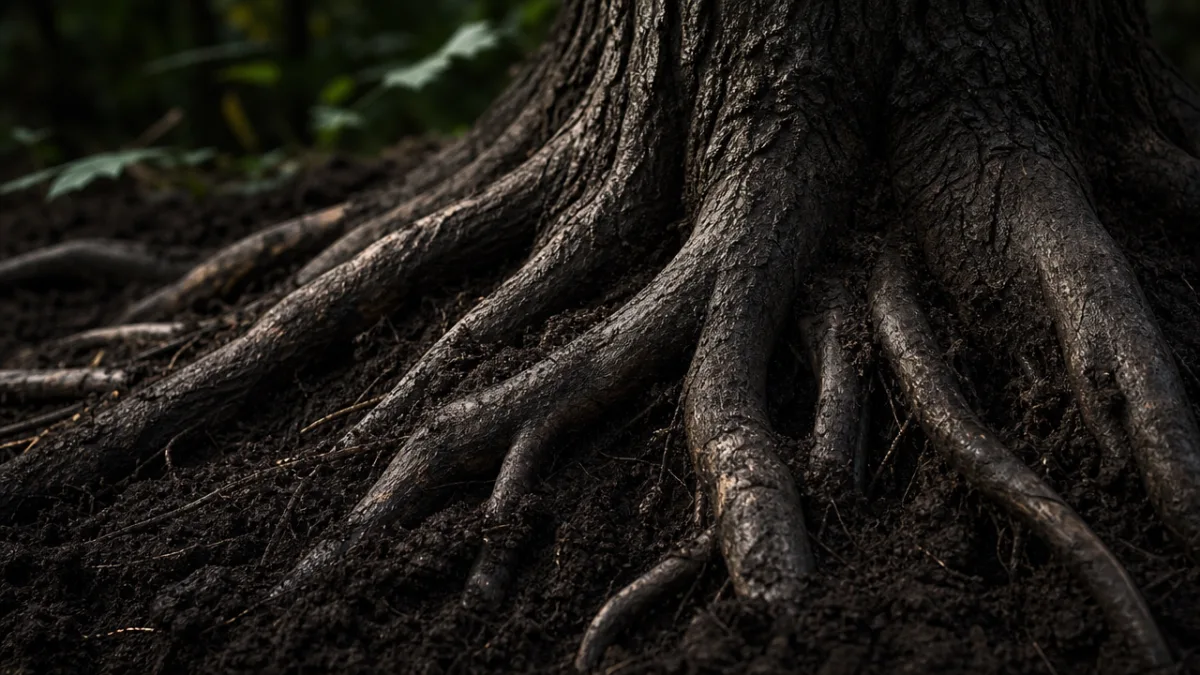 a dramatic close-up of black walnut tree roots emerging from dark rich…