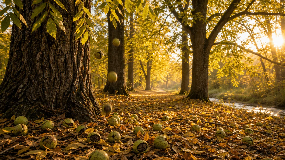 a golden-lit autumn forest scene with black walnut trees dropping green husked…