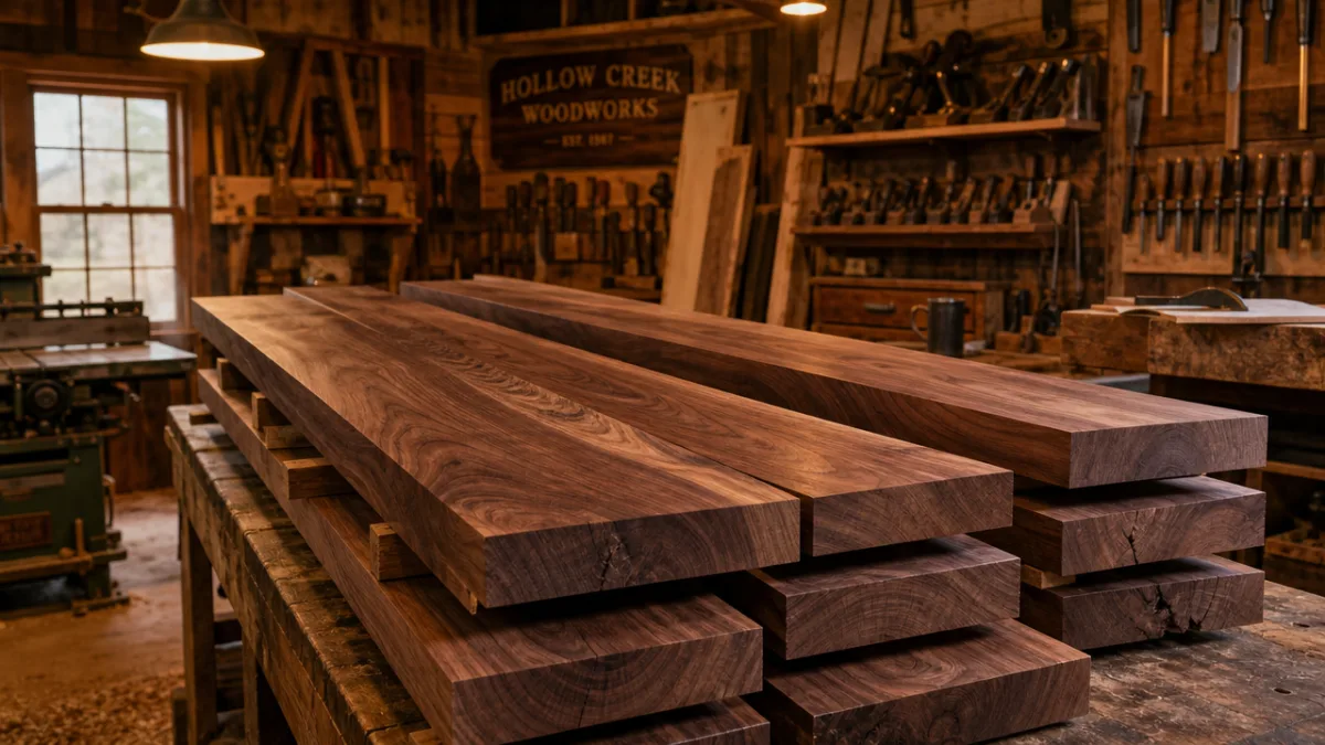 a rustic woodworking workshop with polished black walnut lumber planks stacked, warm…