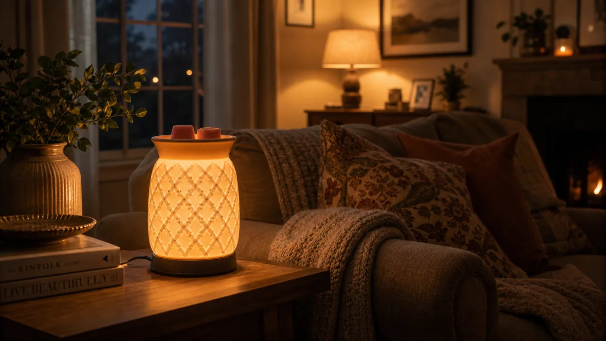 a cozy living room in the evening with a glowing electric wax…