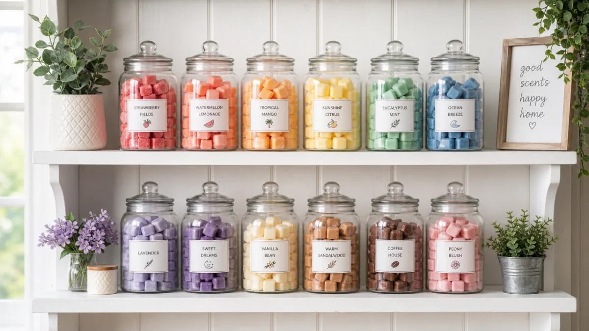 a neatly organized collection of colorful wax melt cubes stored in glass…