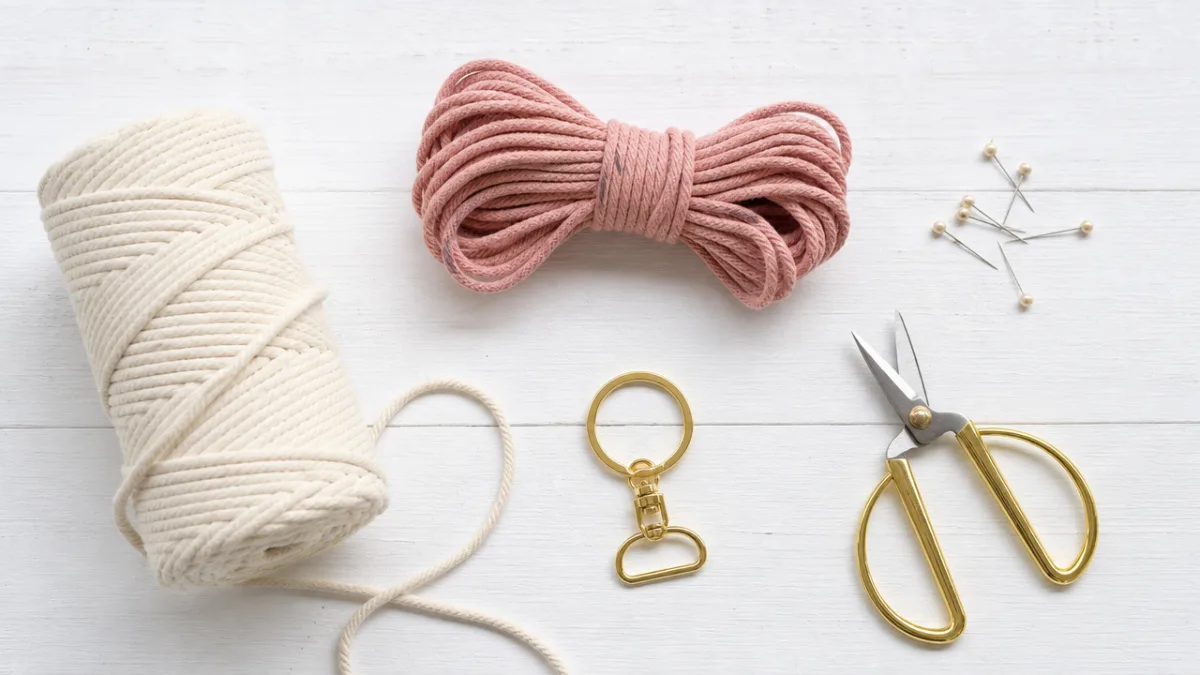 a flat lay of macrame cord, scissors, keyring, and pins on a…