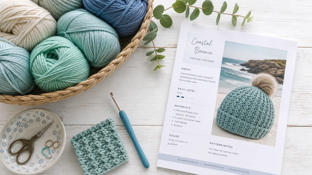 a flatlay of crochet supplies including yarn in coastal colors, a crochet…