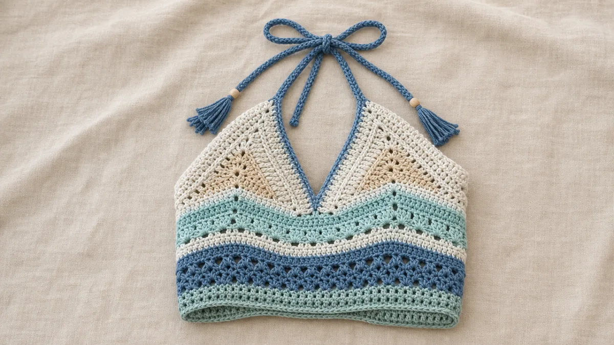 a neatly folded crochet halter top in coastal colors displayed on a…