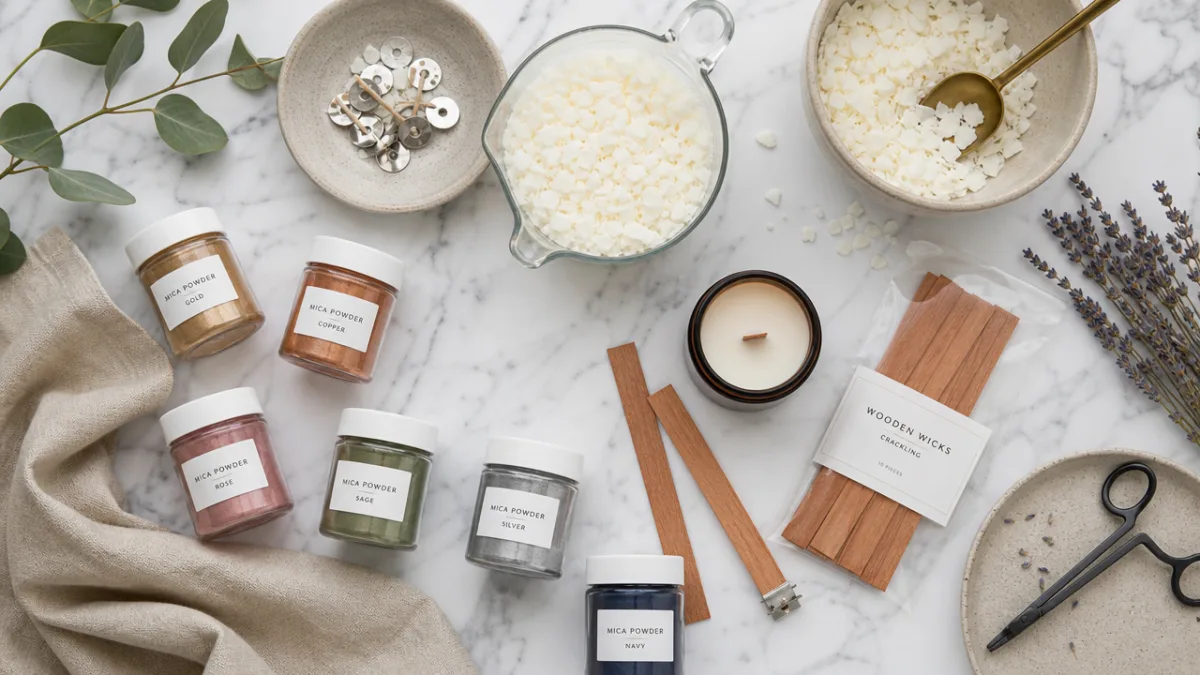 an overhead flat lay of candle-making supplies including mica powder jars, wooden…