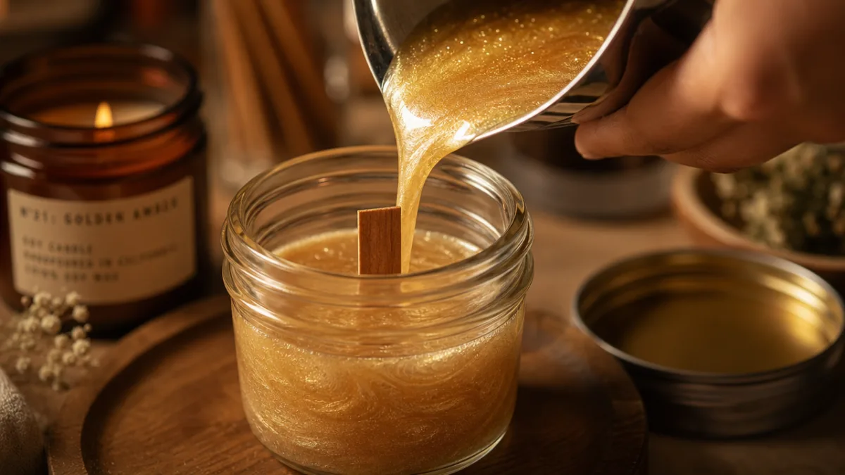 a close-up of a hand pouring shimmering mica-infused wax into a glass…