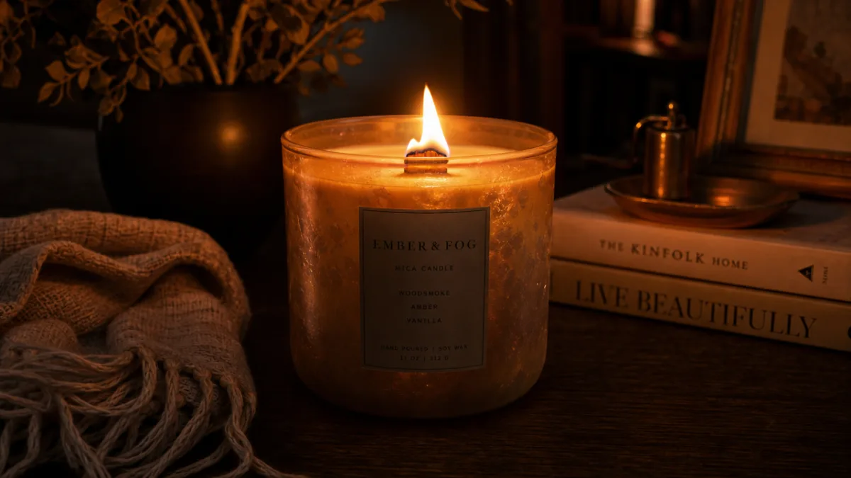 a finished wooden wick mica candle burning with a crackling flame in…