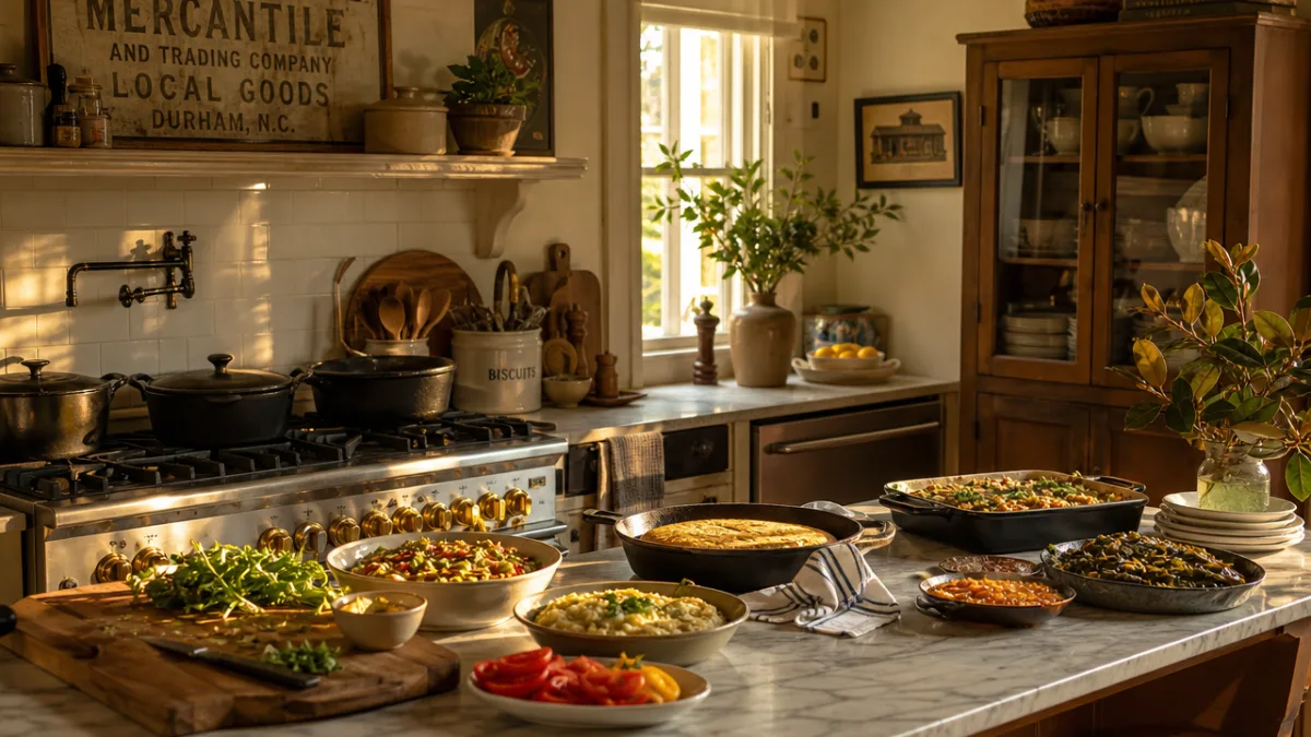 a warm Southern kitchen with cast iron pots and prepped dishes on…