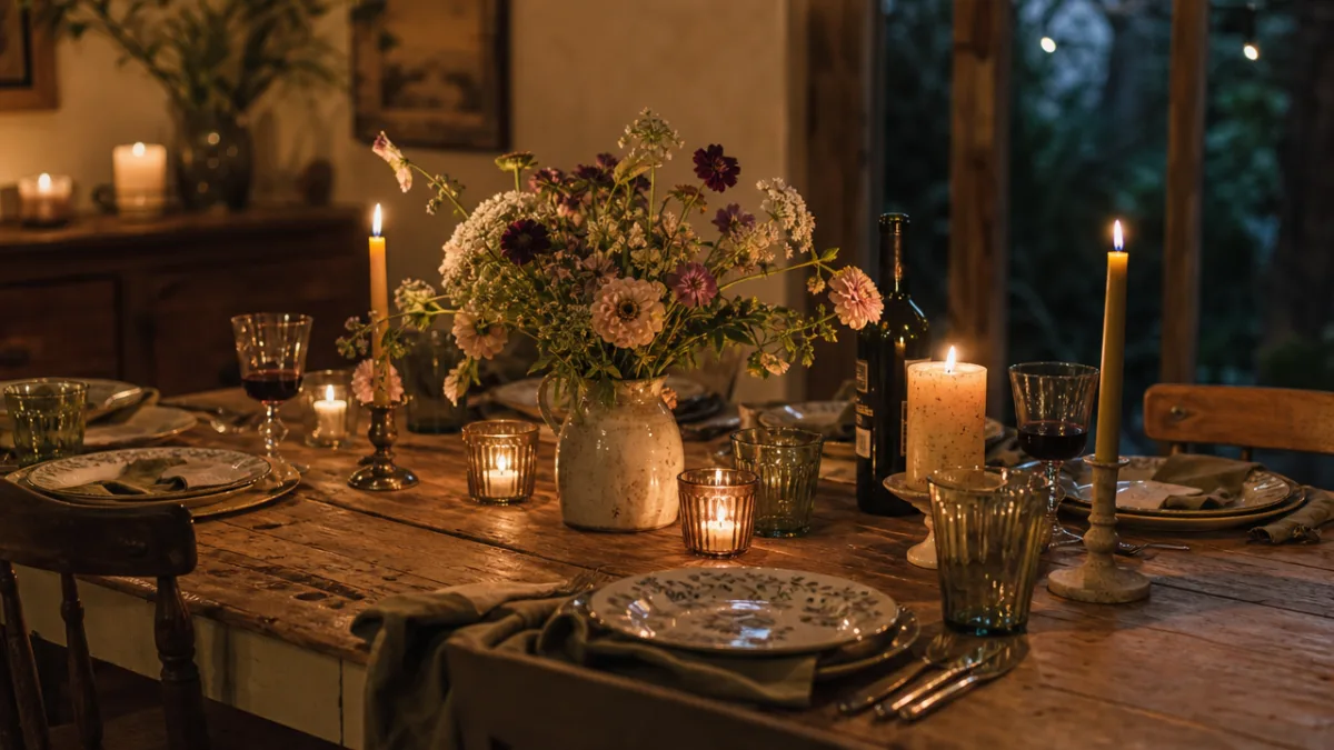 a rustic dining table with mismatched candles and a casual floral centerpiece,…